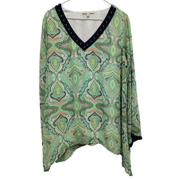 Maria Gabrielle Womens BOHO Tunic Top Size 1X Green Paisley Chiffon Sharkbite - Picture 1 of 9